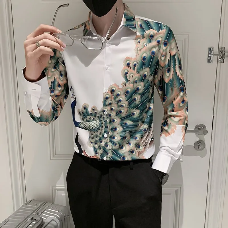 Autumn Fashion Luxury Peacock Print Long Sleeve Slim Casual Shirt for Men