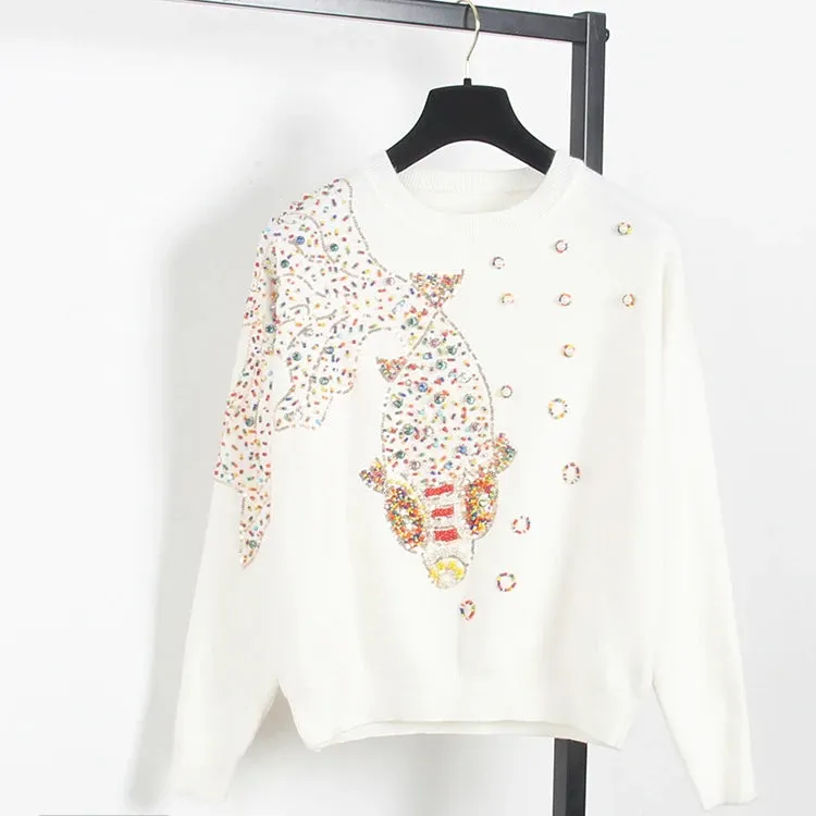 Autumn Female Brand Designer Fashionable High Street New Pullovers Round Neck Cable Knit Goldfish Bead Sweater C-139