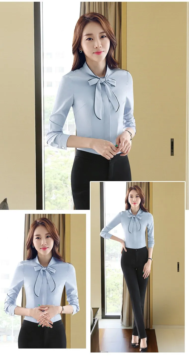 Autumn Female Self Piping Ruffle Bowtie Office Work Wear Shirt Tops Chemise