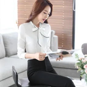 Autumn Female Self Piping Ruffle Bowtie Office Work Wear Shirt Tops Chemise