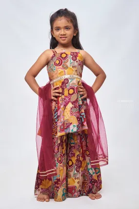 Autumn Hues Floral and Abstract Print Kurti with Gharara Set for Girls & Dupatta - Girlish Party Dress for Vibrant Girls