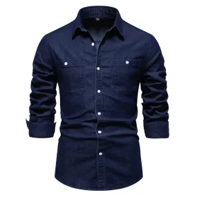 Autumn Men's Denim Shirt Cotton Elastic Casual Social Design Double Pockets Slim Jeans Shirts for Men