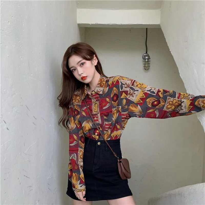 Autumn New Shirt Women's Long-Sleeved Loose Retro Design Floral Shirt Trend