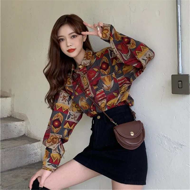 Autumn New Shirt Women's Long-Sleeved Loose Retro Design Floral Shirt Trend