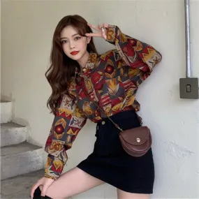 Autumn New Shirt Women's Long-Sleeved Loose Retro Design Floral Shirt Trend