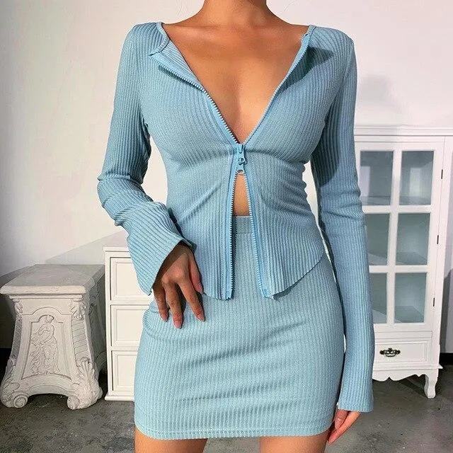 Autumn Sexy Zip Up Ribber Long Sleeve V Neck Crop Top for Women