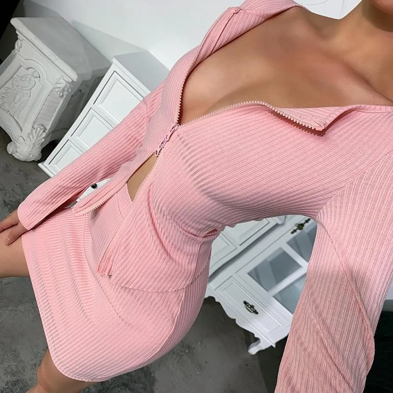 Autumn Sexy Zip Up Ribber Long Sleeve V Neck Crop Top for Women