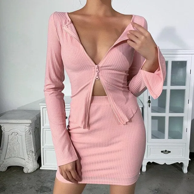 Autumn Sexy Zip Up Ribber Long Sleeve V Neck Crop Top for Women