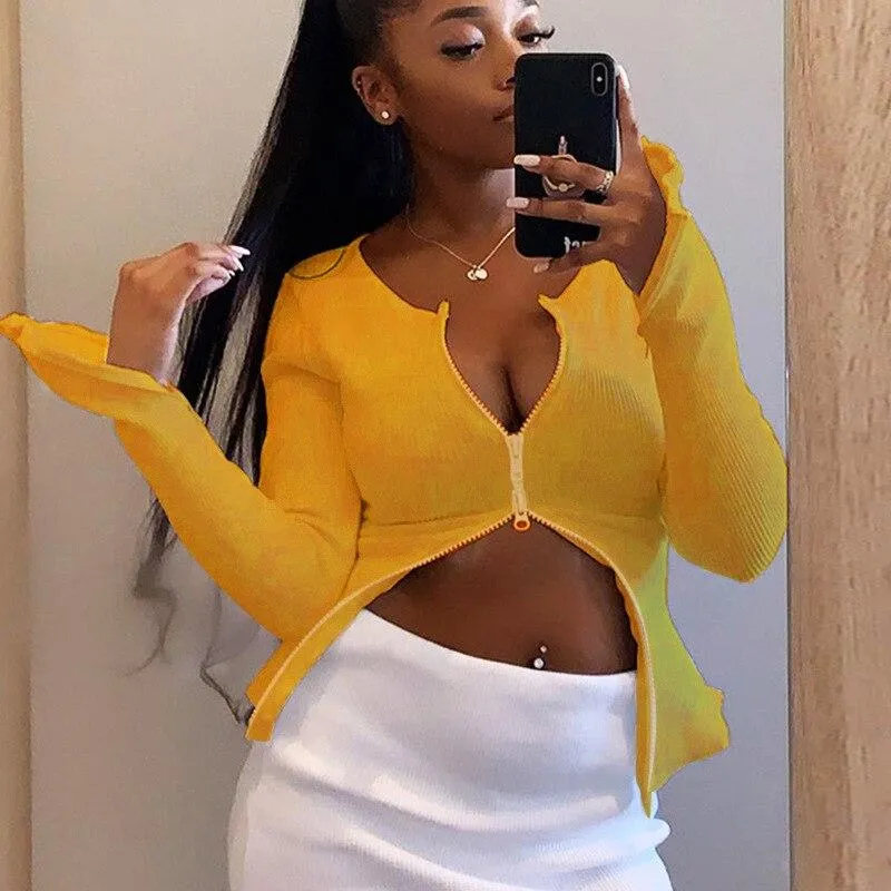 Autumn Sexy Zip Up Ribber Long Sleeve V Neck Crop Top for Women