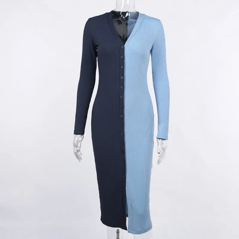 Autumn Vintage Sexy Women's Patchwork Long Sleeves Splitted Bodycon Dress