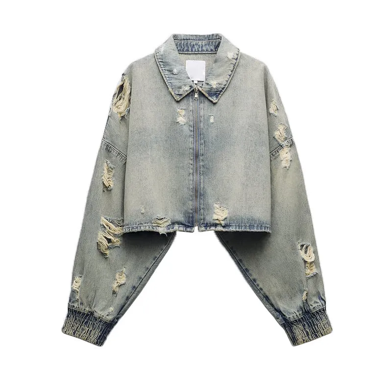 Autumn Women  Collared Worn Looking Washed out Perforated Hole Decoration Denim Short Jacket