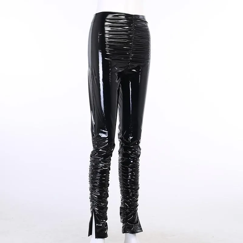 Autumn Women's Shine Faux Leather High Waist Side Split Pile Up Skinny Pants