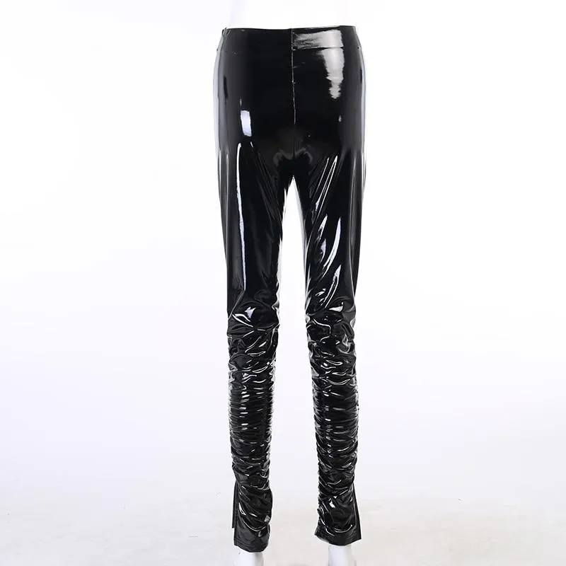 Autumn Women's Shine Faux Leather High Waist Side Split Pile Up Skinny Pants