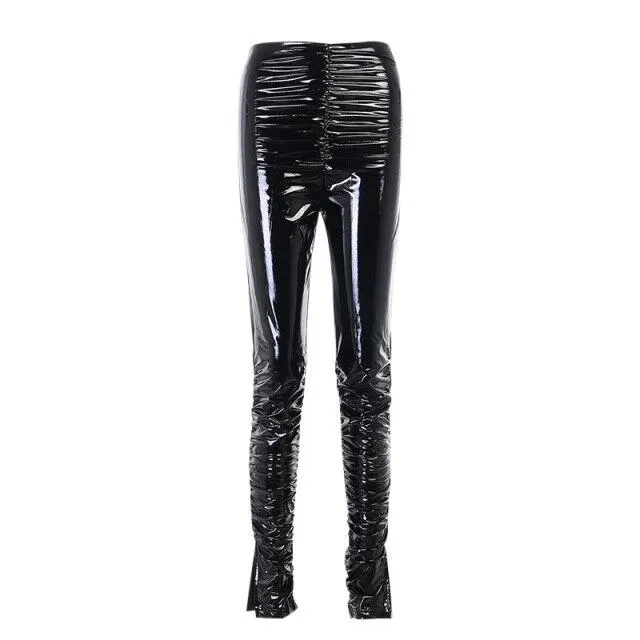 Autumn Women's Shine Faux Leather High Waist Side Split Pile Up Skinny Pants