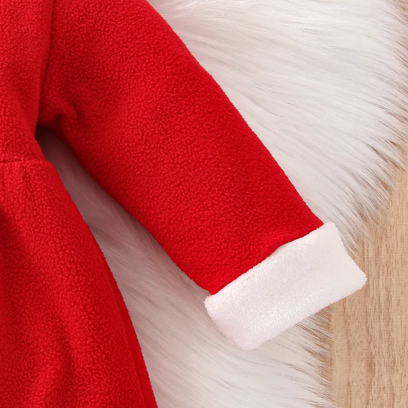 Baby Girls Winter Christmas New Year Wood Ear Collar Red Dress Furry Scarf 2PCS