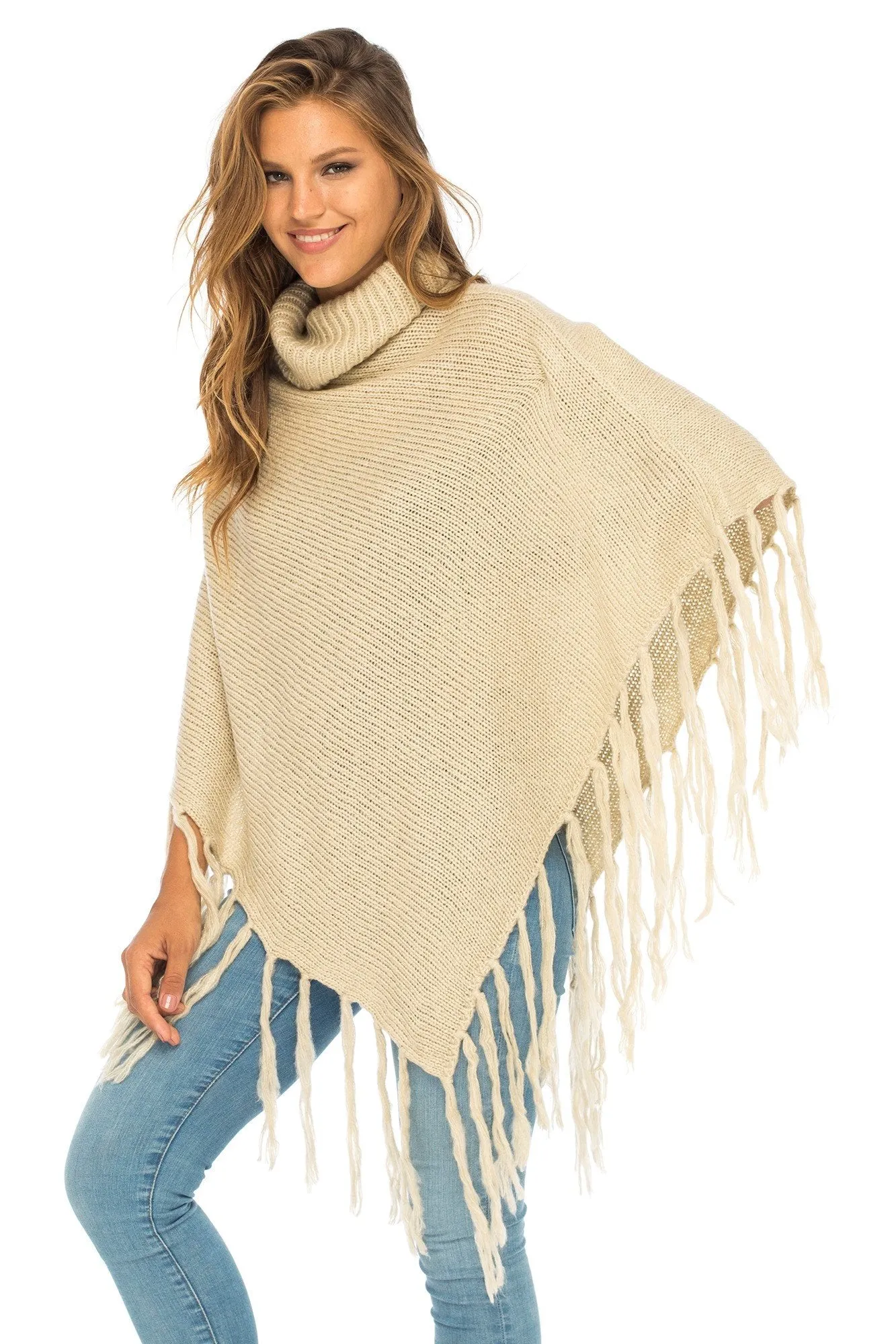 Back From Bali Womens Knit Fringed Poncho Boho Sweater Cape with Cowl Neck Soft Boho Winter Shawl