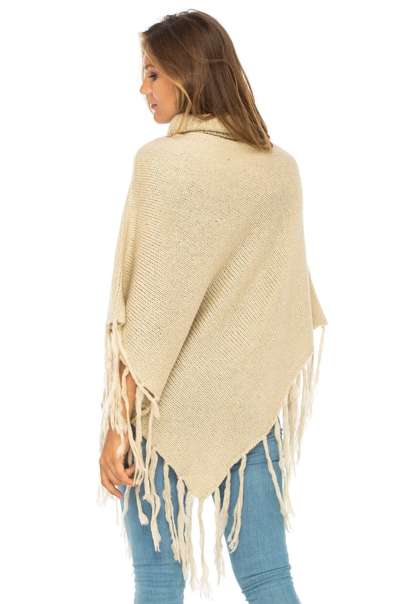 Back From Bali Womens Knit Fringed Poncho Boho Sweater Cape with Cowl Neck Soft Boho Winter Shawl