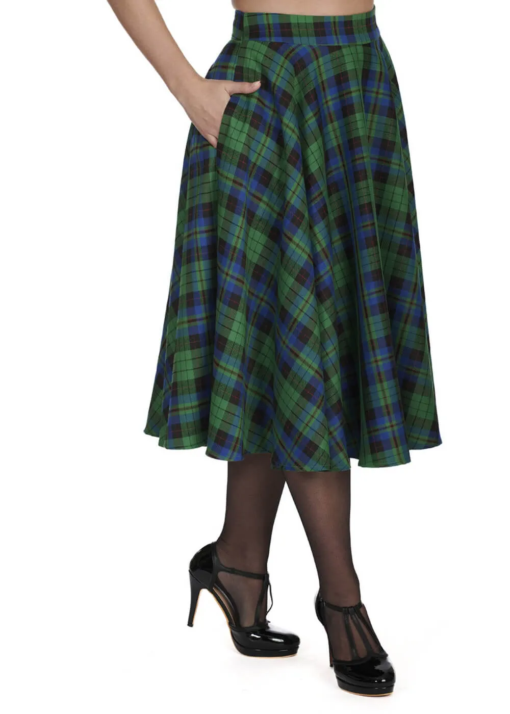 Banned Winter Check Tartan 40's Swing Skirt Green