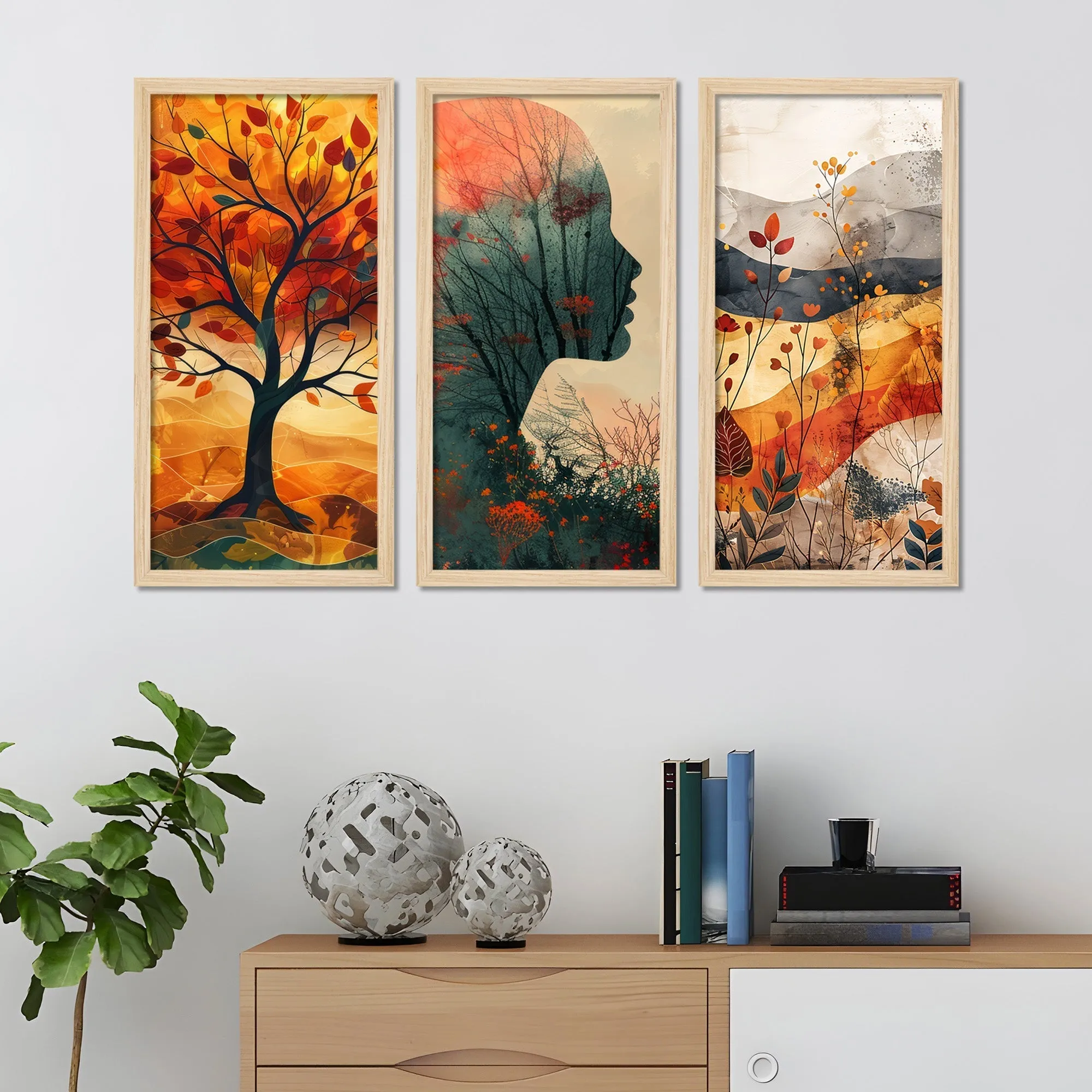 Beautiful Autumn Tree with Colorful Leaves Wooden Wall Frame Set of Three