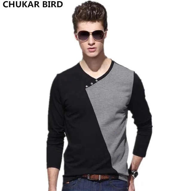 Big size cotton t shirt  Spring/autumn fashion mens T-shirt homme men's long sleeved V-neck patchwork color casual T-shirts