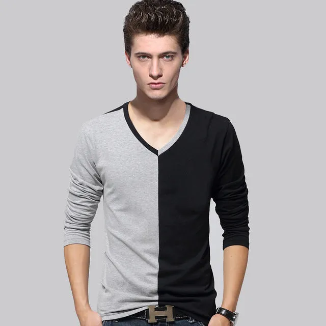 Big size cotton t shirt  Spring/autumn fashion mens T-shirt homme men's long sleeved V-neck patchwork color casual T-shirts