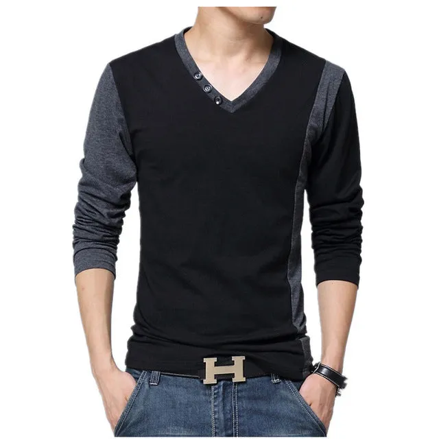 Big size cotton t shirt  Spring/autumn fashion mens T-shirt homme men's long sleeved V-neck patchwork color casual T-shirts