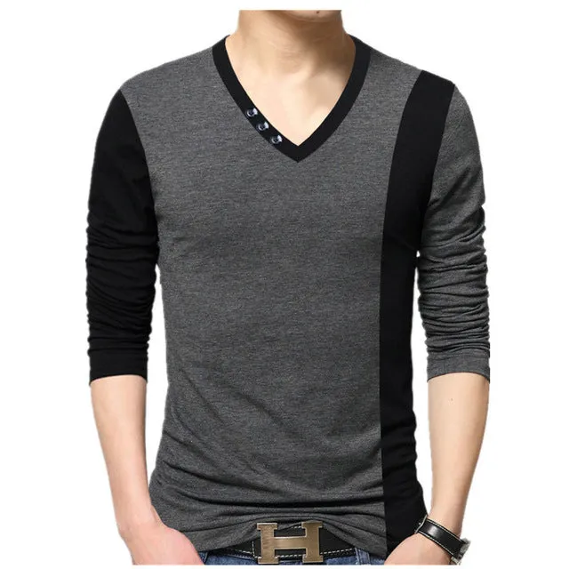 Big size cotton t shirt  Spring/autumn fashion mens T-shirt homme men's long sleeved V-neck patchwork color casual T-shirts