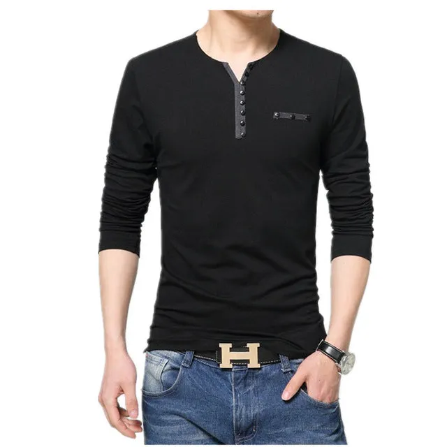 Big size cotton t shirt  Spring/autumn fashion mens T-shirt homme men's long sleeved V-neck patchwork color casual T-shirts