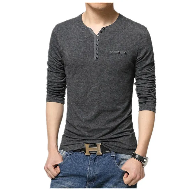 Big size cotton t shirt  Spring/autumn fashion mens T-shirt homme men's long sleeved V-neck patchwork color casual T-shirts