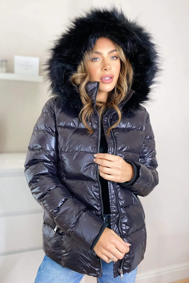 Black Faux Fur Wet Look Coat