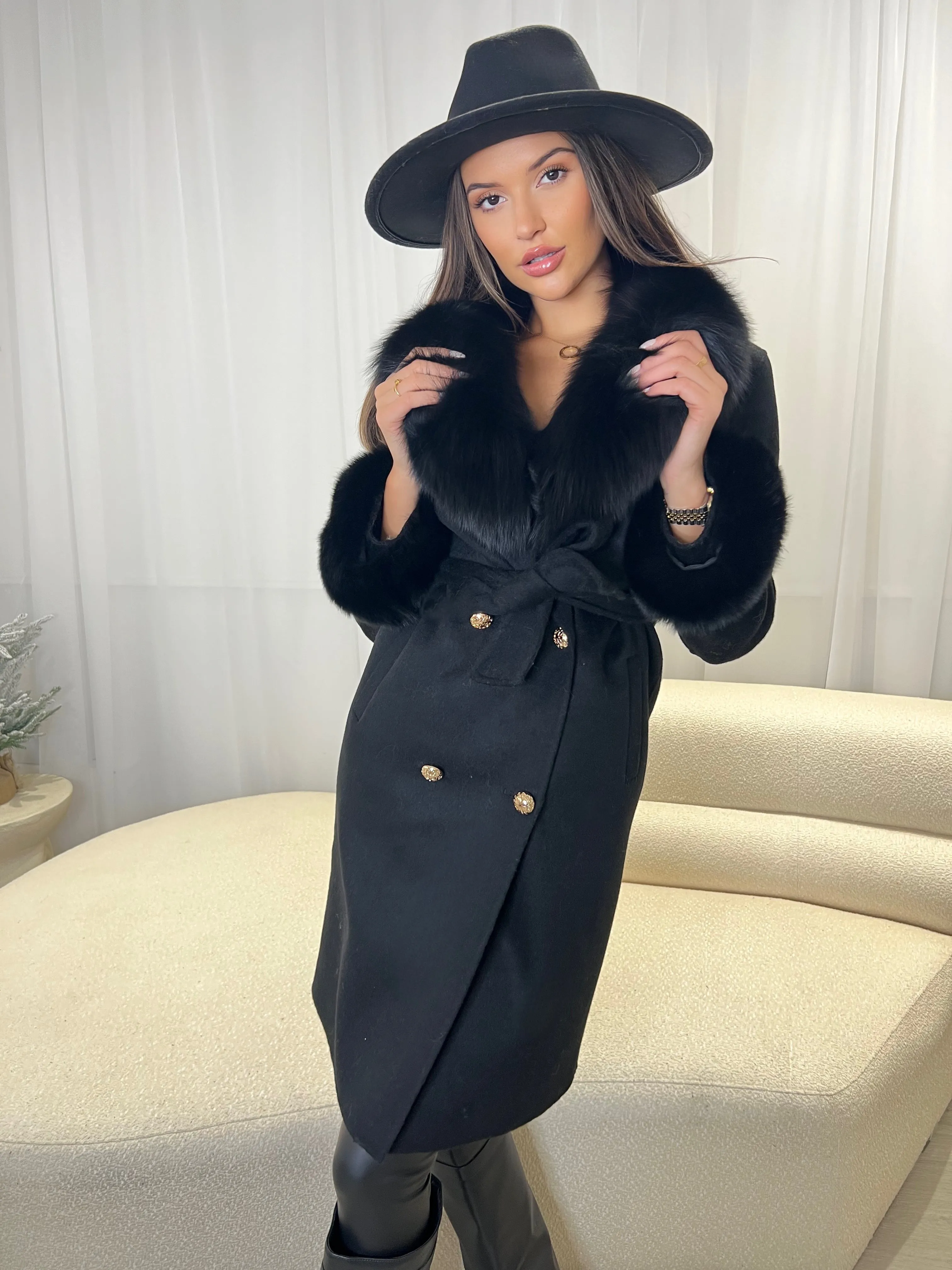 Black Luxury Fur Cashmere Coat