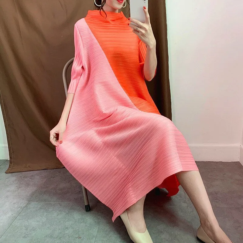 Blue One-neck Collar Seven-point Sleeve Contrast Pleats Loose Plus Woman Dress Casual Fashion Autumn New