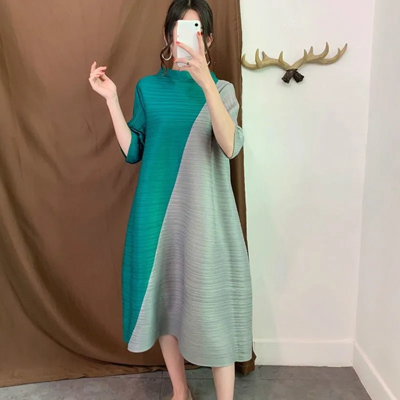 Blue One-neck Collar Seven-point Sleeve Contrast Pleats Loose Plus Woman Dress Casual Fashion Autumn New