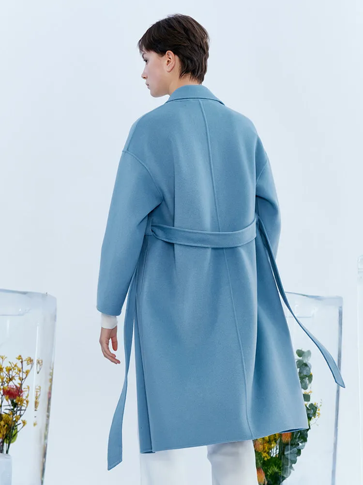 Blue Pure Double-Faced Wool Wrap Coat