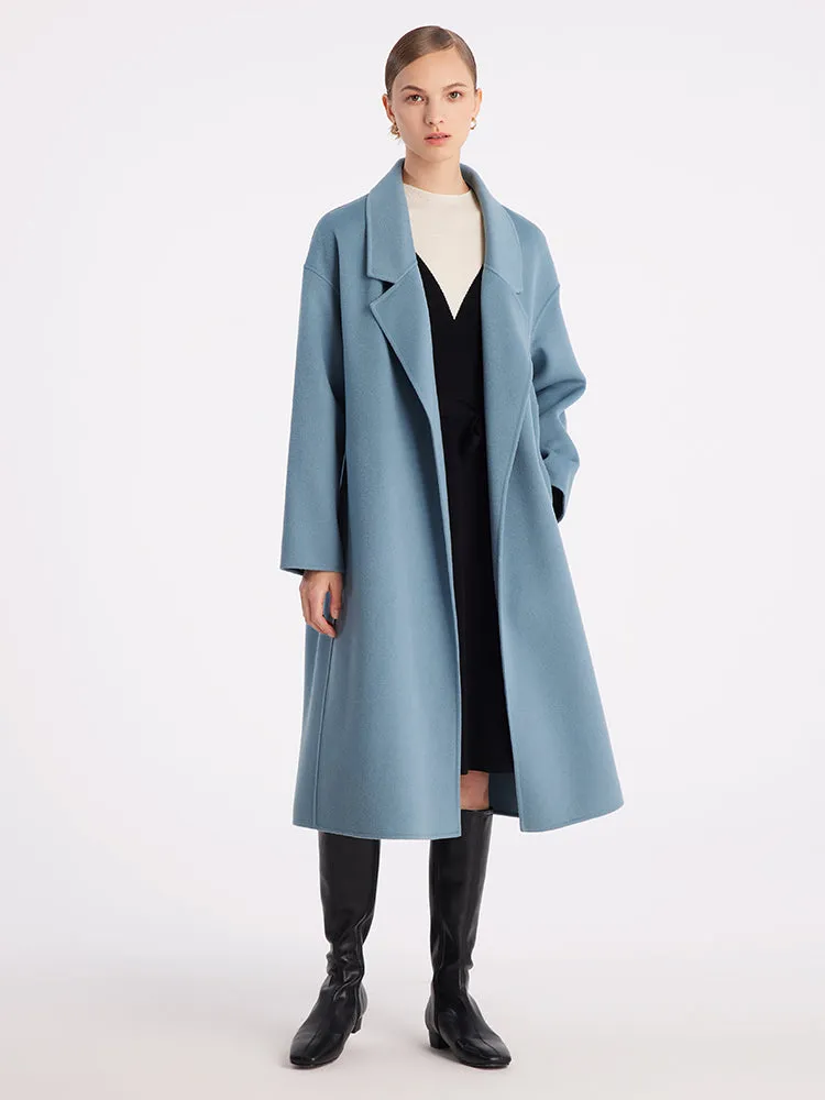 Blue Pure Double-Faced Wool Wrap Coat