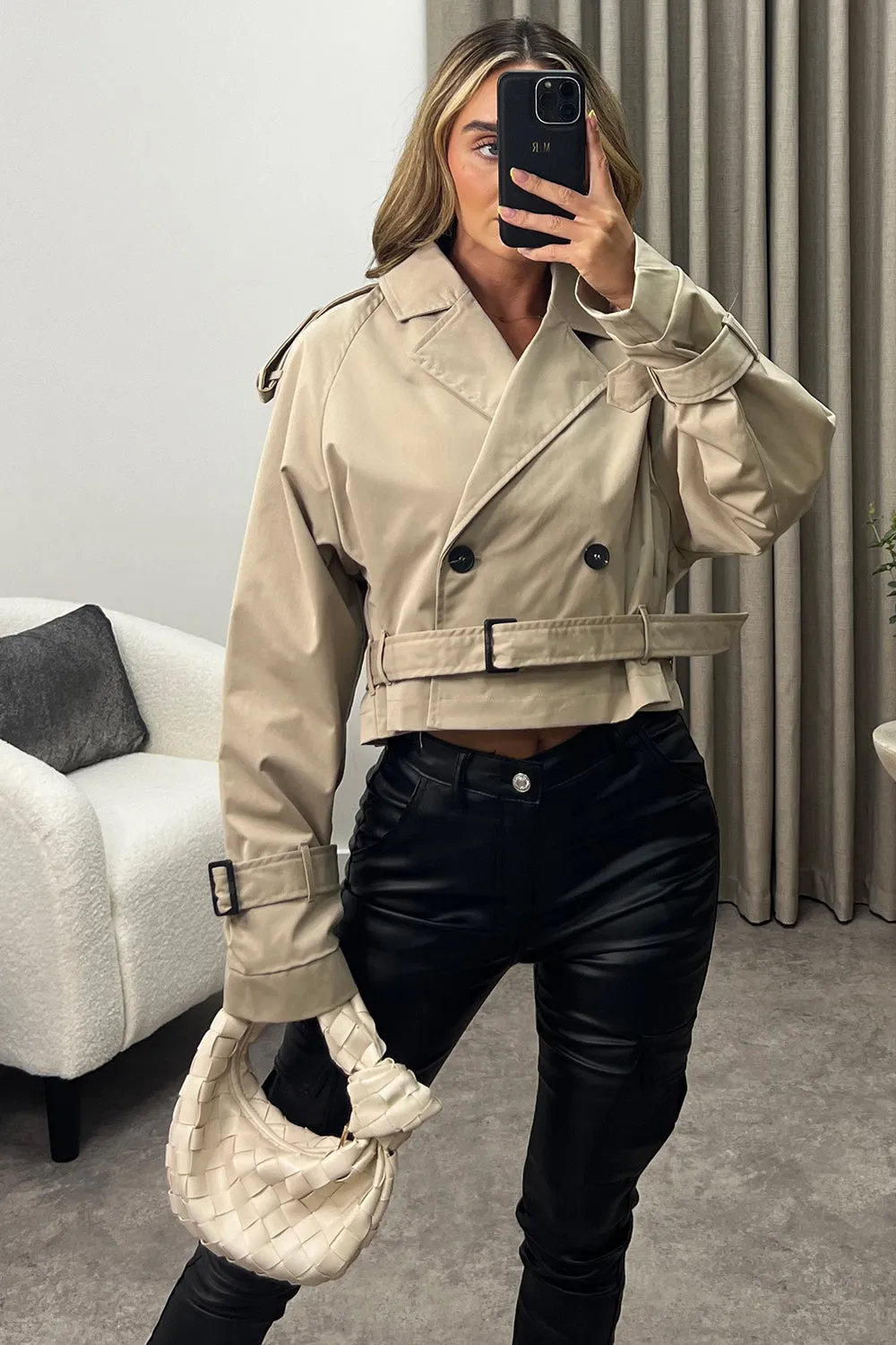 Breanna Beige Belted Long Sleeve Cropped Trench Jacket