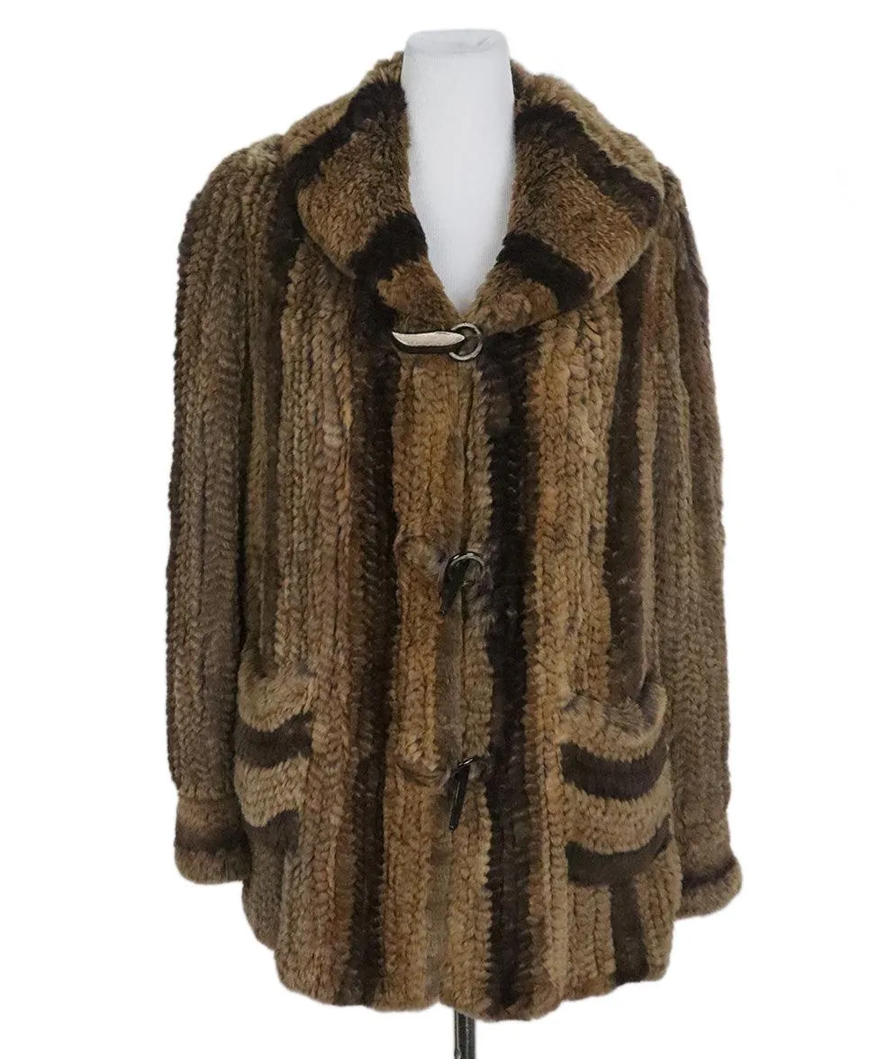 Brown & Tan Woven Rabbit Fur Coat sz 10