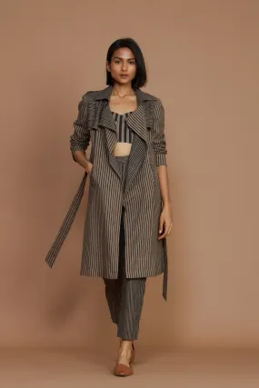 Brown with Charcoal Striped Trench & Corset Co-Ord Set (3 PCS)