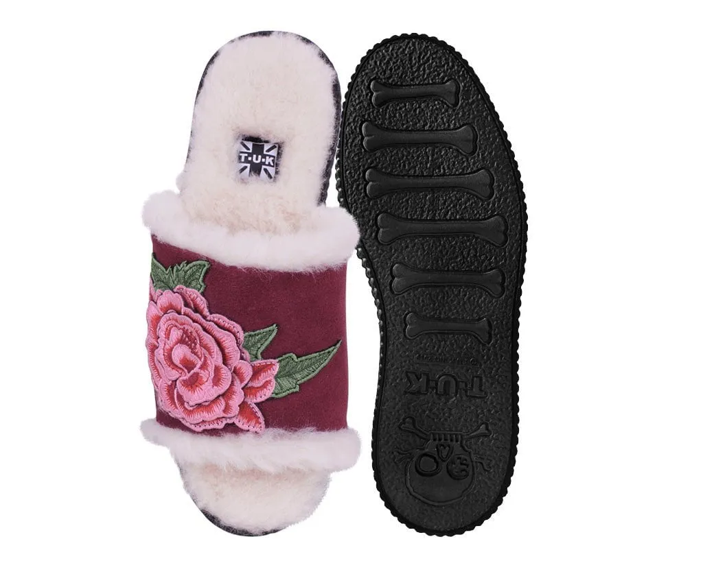 Burgundy Wool Flower Slide