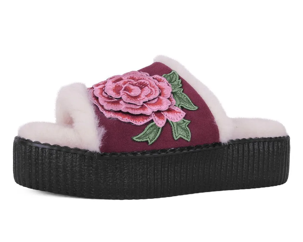 Burgundy Wool Flower Slide