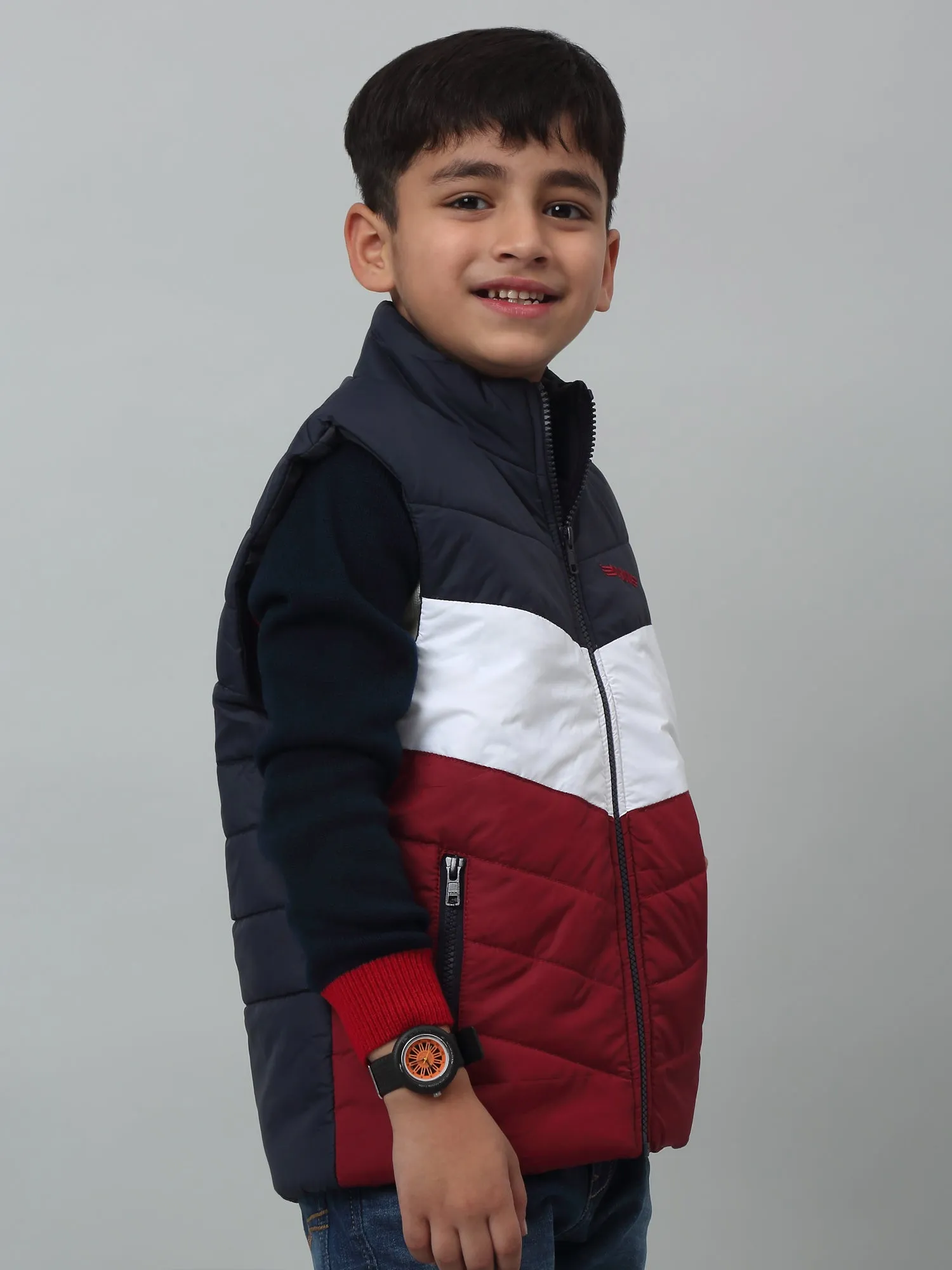 Cantabil Boys Maroon Mandarin Collar Color-Blocked Casual Jacket For Winter