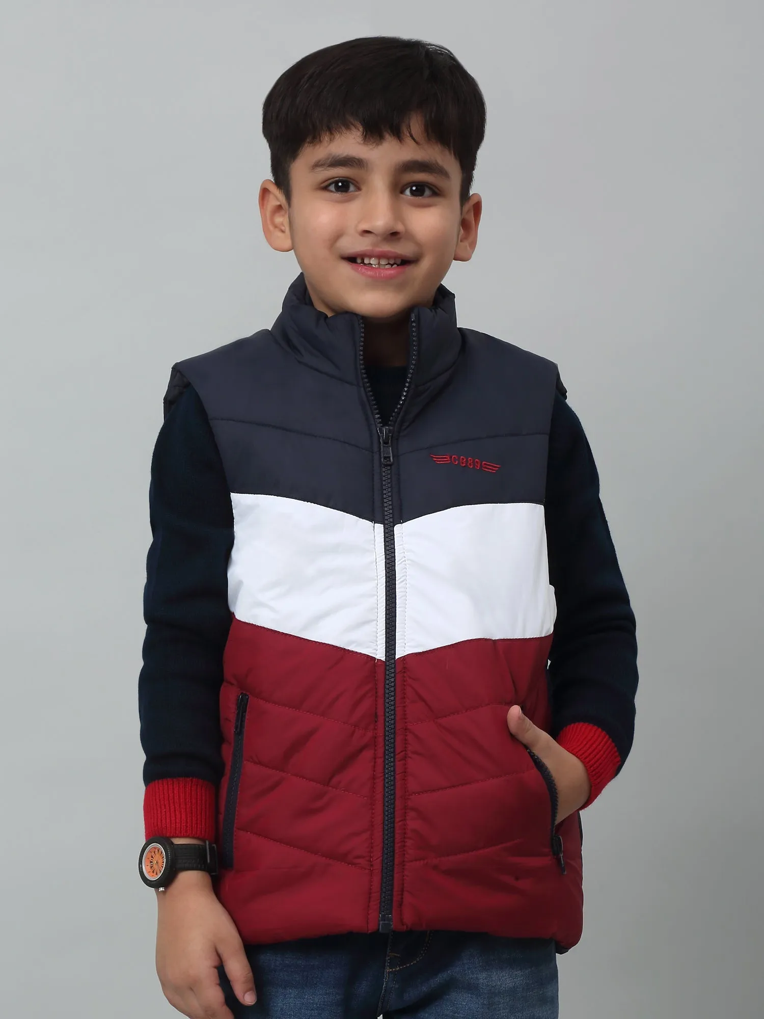 Cantabil Boys Maroon Mandarin Collar Color-Blocked Casual Jacket For Winter