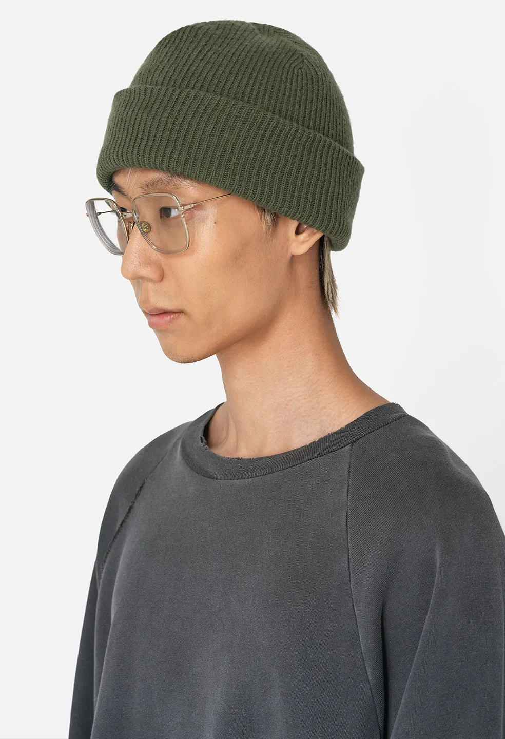 Cashmere Wool Rib Beanie / Olive