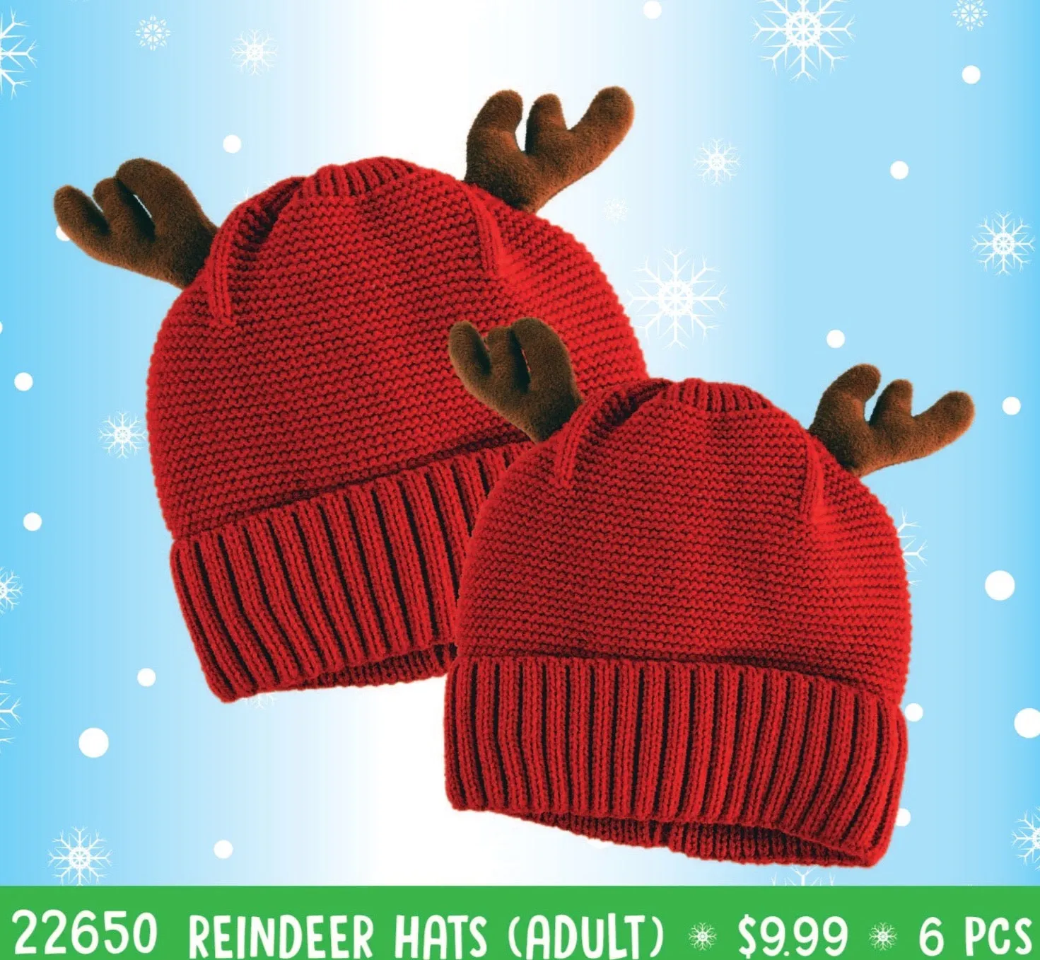 Christmas Antler Winter Knit Hat Beanie - 6 Pieces Per Retail Ready Display 22650