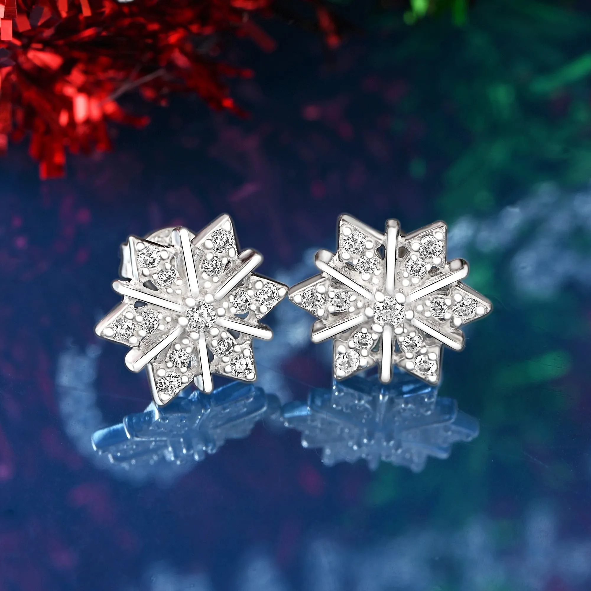 CZ Winter Star Snowflake Earrings Silver Stud Earrings