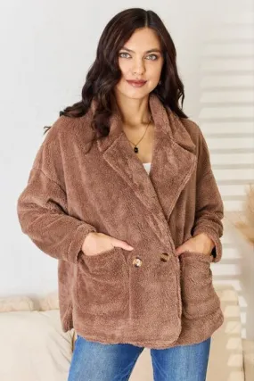 Double Breasted Fuzzy Coat in New Taupe