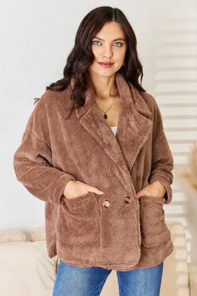 Double Breasted Fuzzy Coat in New Taupe