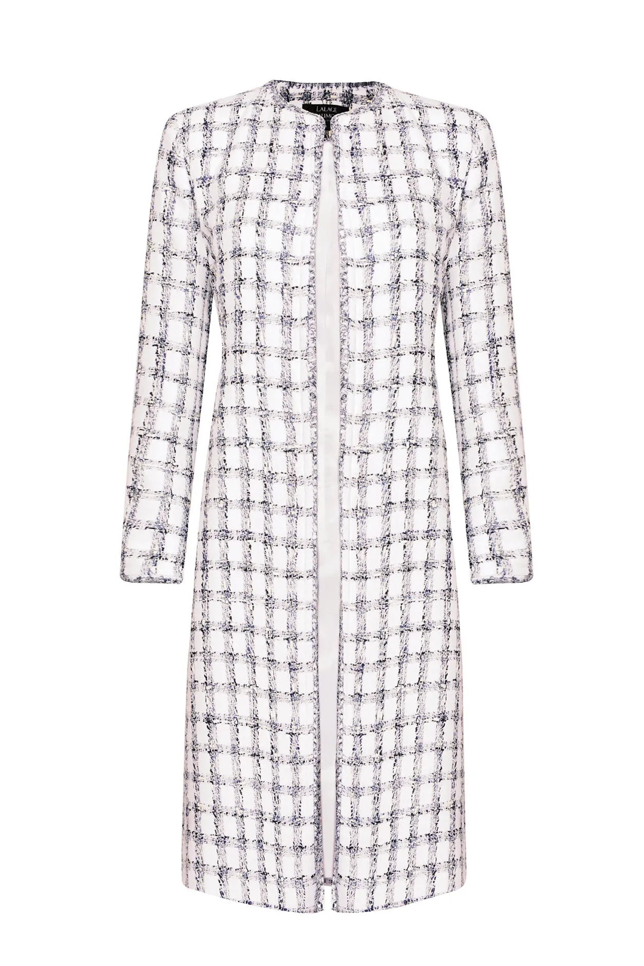 Dress Coat in White Tweed with Subtle Navy Overchecks - Vanya