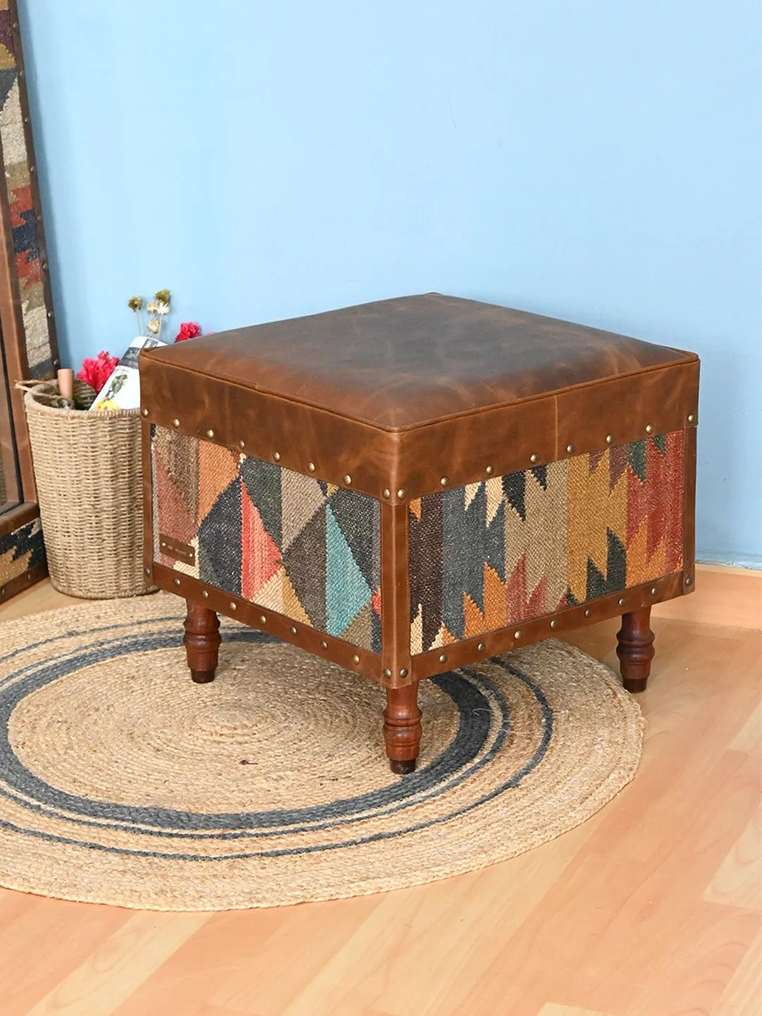 ESTELLE - KILIM & LEATHER OTTOMAN