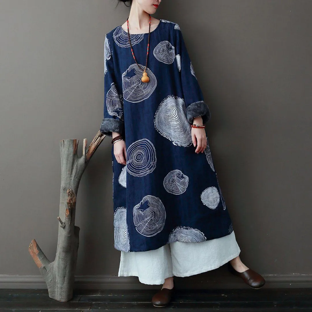 Ethnic Style Crew Neck Fleece Dress